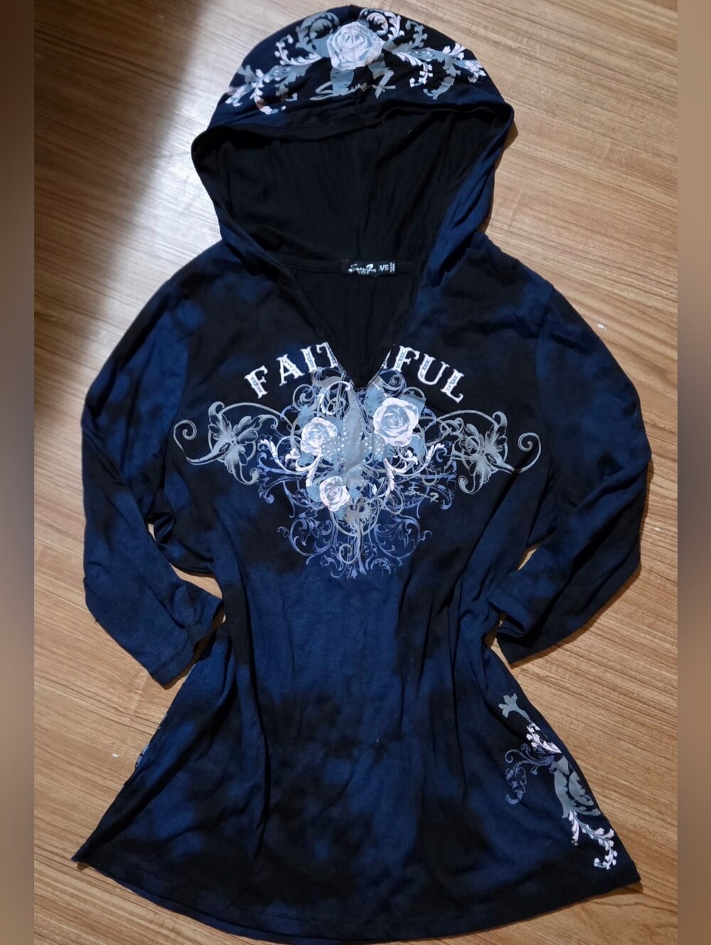 Vintage Seven7 Luxe Y2K Grunge Blue Tie Dye 3/4 Sleeve Hooded Top Size 14/16 M/L